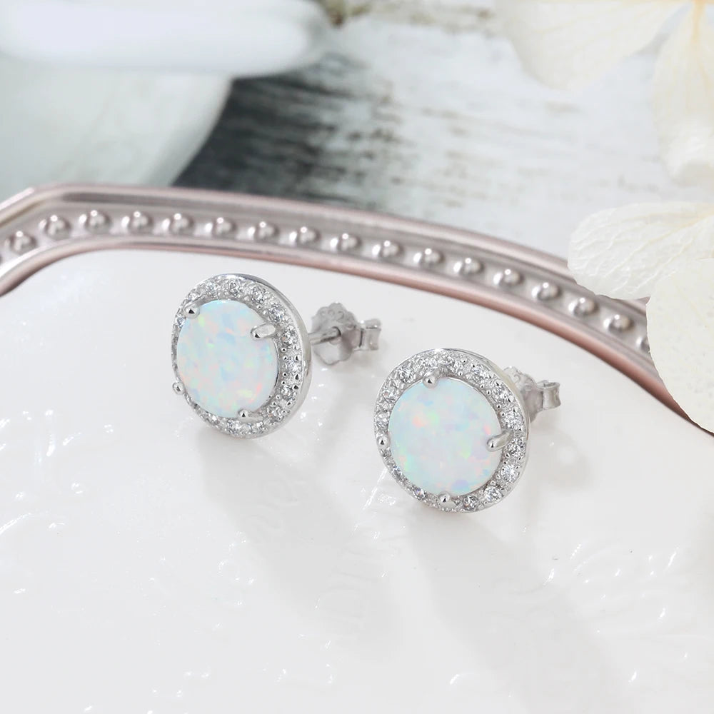 Dainty 925 Sterling Silver White Opal Ring Earrings Chain Necklace Sets