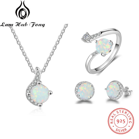 Dainty 925 Sterling Silver White Opal Ring Earrings Chain Necklace Sets