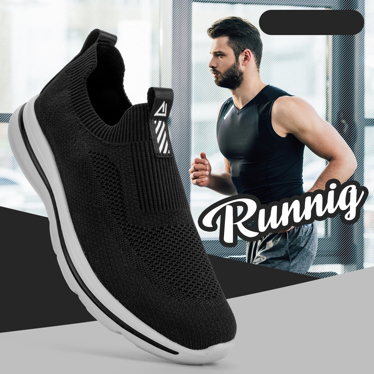 Men Black Slip On Lightweight Breathable Mesh Shoes