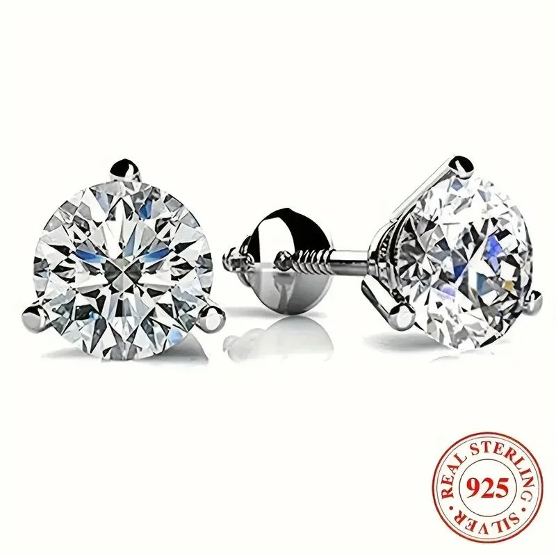 1 pair 925 Sterling Silver Round Cubic Zirconia Stud Earrings