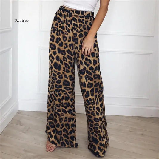 Leopard Print Wide Leg Mid Waist Loose Pants.