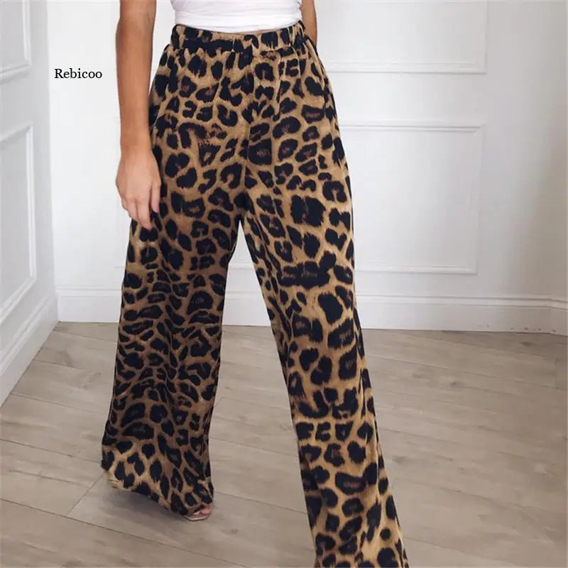 Leopard Print Wide Leg Mid Waist Loose Pants.