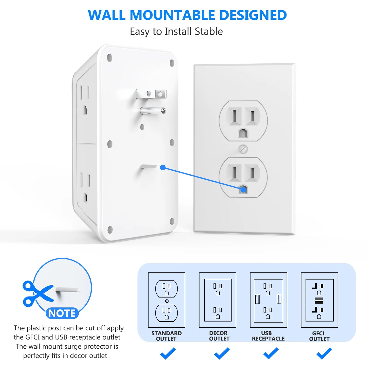 Multi Wall Socket: 6 AC Outlets 4 USB Port(2 Type C),