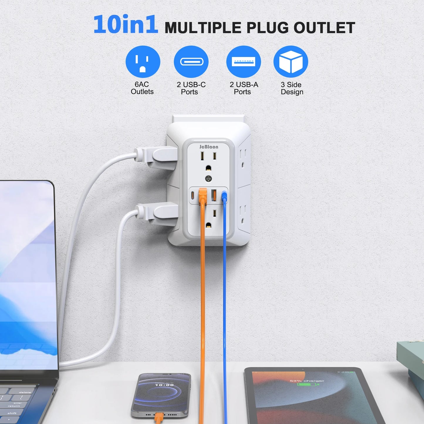 Multi Wall Socket: 6 AC Outlets 4 USB Port(2 Type C),