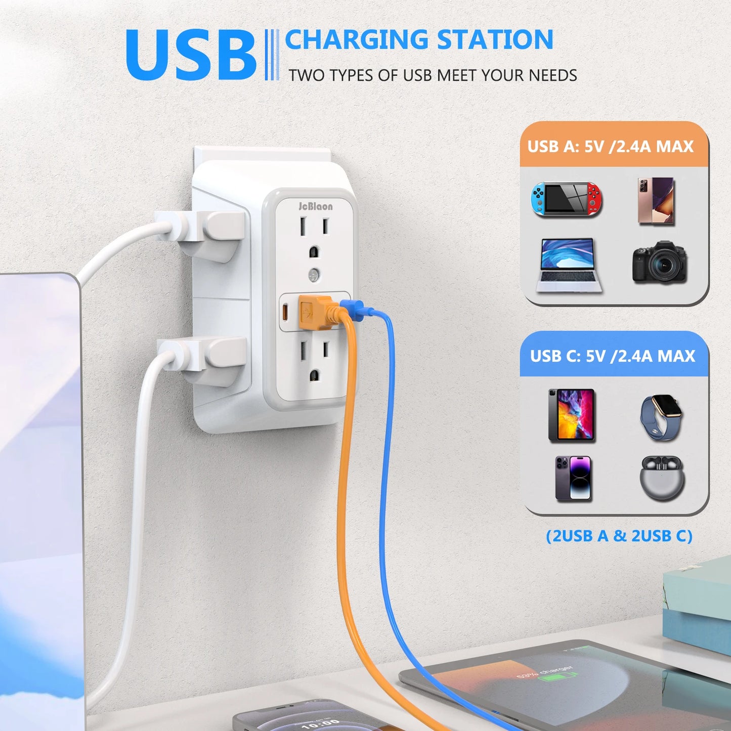 Multi Wall Socket: 6 AC Outlets 4 USB Port(2 Type C),