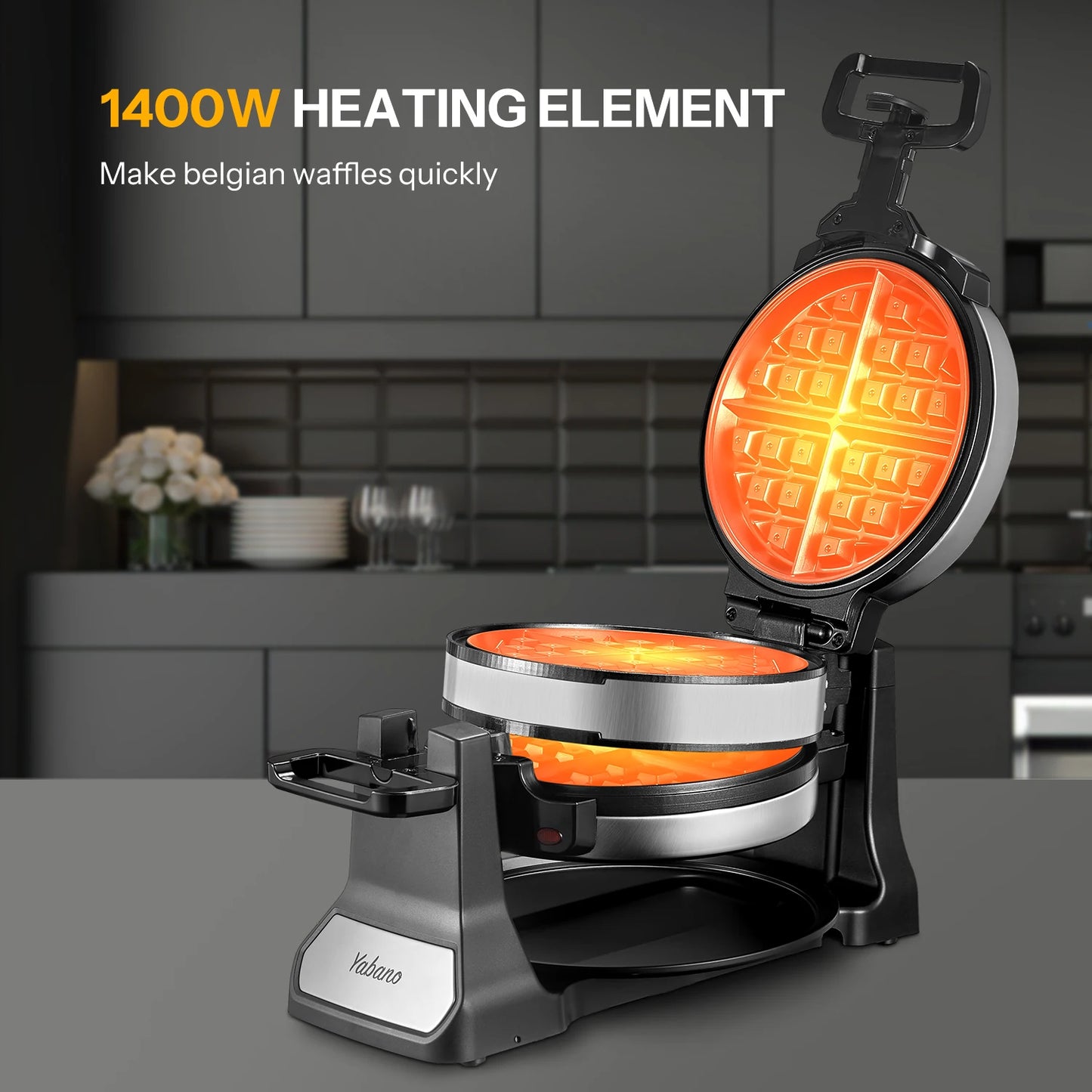 Belgian Waffle Iron with Nonstick Plates, Removable Drip Tray and Cool Touch Handles, Double Flip